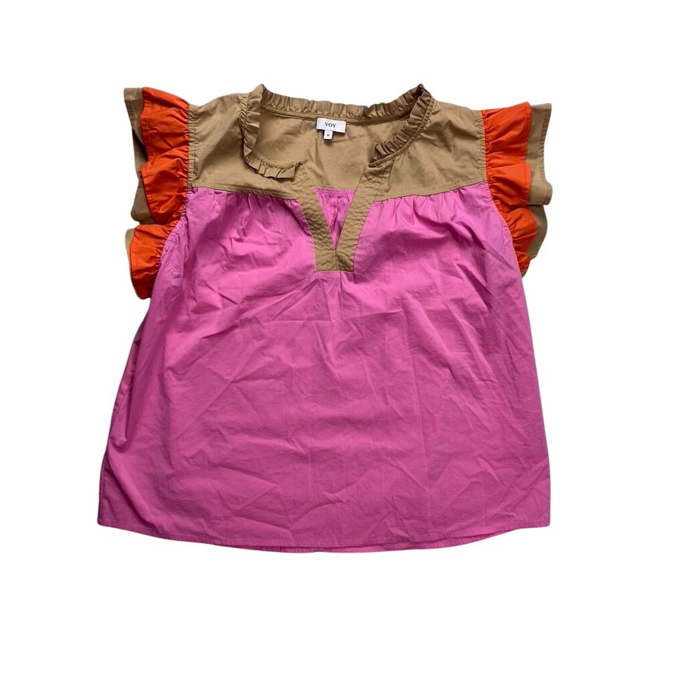 VOY‎ Ruffle Sleeve Blouse Womens Medium Pink Tan Orange Colorblock Cotton Top